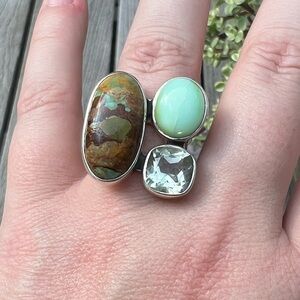 Sterling Silver Green Opal, Green Turquoise and Prasiolite Ring Size 8